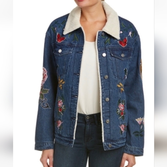 Bagatelle Sherpa Lined Denim Jacket with Floral, Avian and Feline Embroi… - Picture 1 of 16
